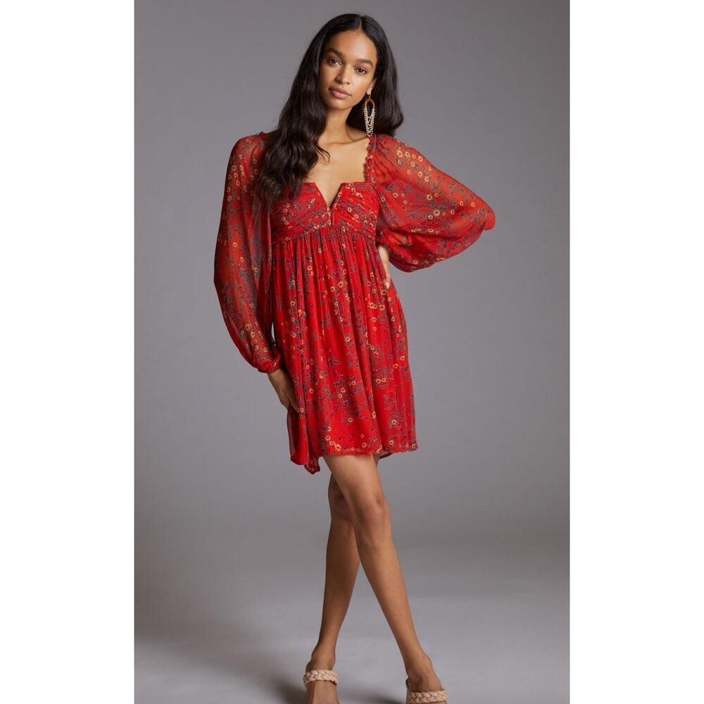Let me Be Red sheer long sleeve floral mini dress. Size Xsmall.